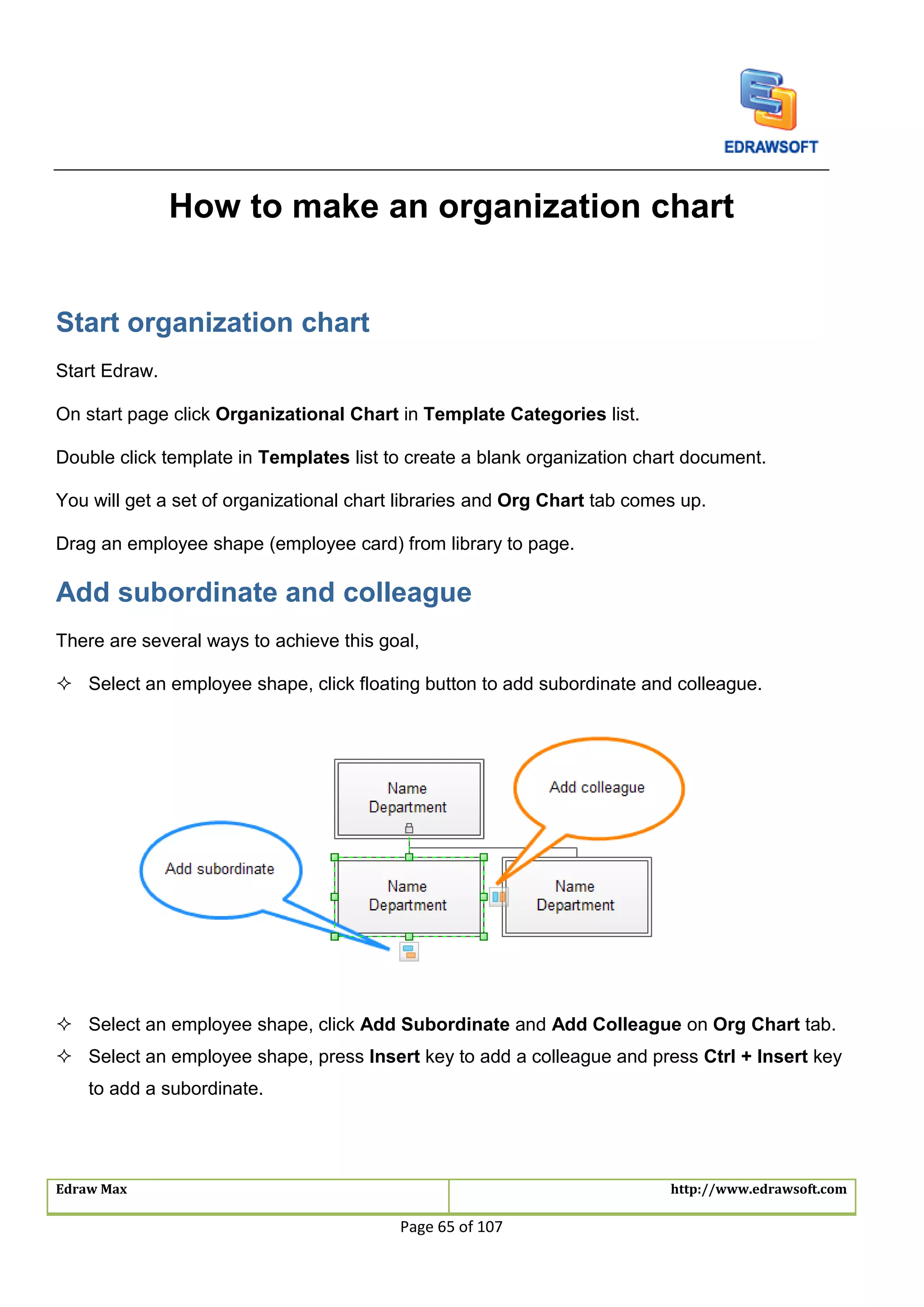Edraw Max http://www.edrawsoft.com
Page 65 of 107
How to make an organization chart
Start organization chart
Start Edraw.
On start page click Organizational Chart in Template Categories list.
Double click template in Templates list to create a blank organization chart document.
You will get a set of organizational chart libraries and Org Chart tab comes up.
Drag an employee shape (employee card) from library to page.
Add subordinate and colleague
There are several ways to achieve this goal,
 Select an employee shape, click floating button to add subordinate and colleague.
 Select an employee shape, click Add Subordinate and Add Colleague on Org Chart tab.
 Select an employee shape, press Insert key to add a colleague and press Ctrl + Insert key
to add a subordinate.
 