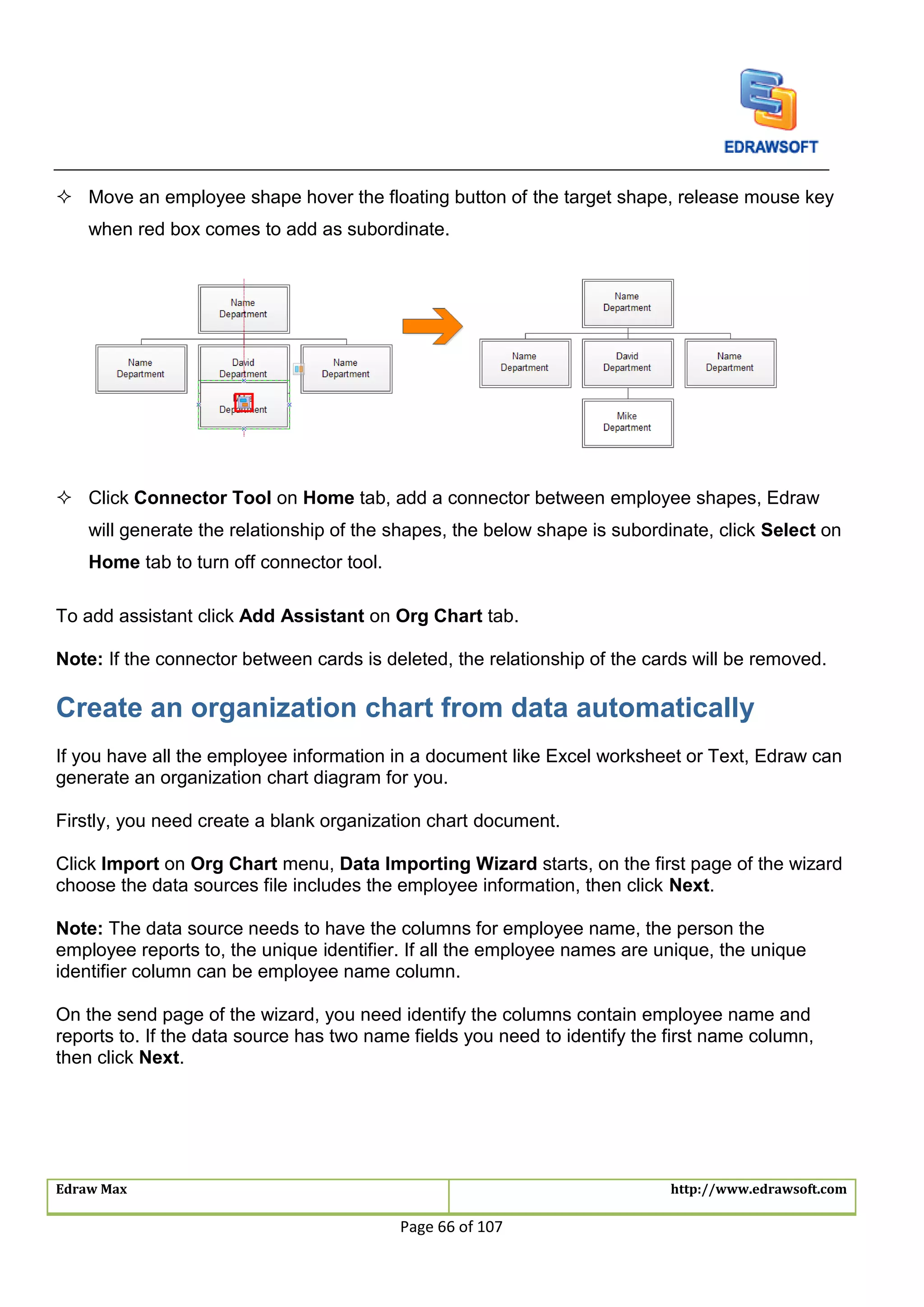 Edraw Max http://www.edrawsoft.com
Page 66 of 107
 Move an employee shape hover the floating button of the target shape, release mouse key
when red box comes to add as subordinate.
 Click Connector Tool on Home tab, add a connector between employee shapes, Edraw
will generate the relationship of the shapes, the below shape is subordinate, click Select on
Home tab to turn off connector tool.
To add assistant click Add Assistant on Org Chart tab.
Note: If the connector between cards is deleted, the relationship of the cards will be removed.
Create an organization chart from data automatically
If you have all the employee information in a document like Excel worksheet or Text, Edraw can
generate an organization chart diagram for you.
Firstly, you need create a blank organization chart document.
Click Import on Org Chart menu, Data Importing Wizard starts, on the first page of the wizard
choose the data sources file includes the employee information, then click Next.
Note: The data source needs to have the columns for employee name, the person the
employee reports to, the unique identifier. If all the employee names are unique, the unique
identifier column can be employee name column.
On the send page of the wizard, you need identify the columns contain employee name and
reports to. If the data source has two name fields you need to identify the first name column,
then click Next.
 