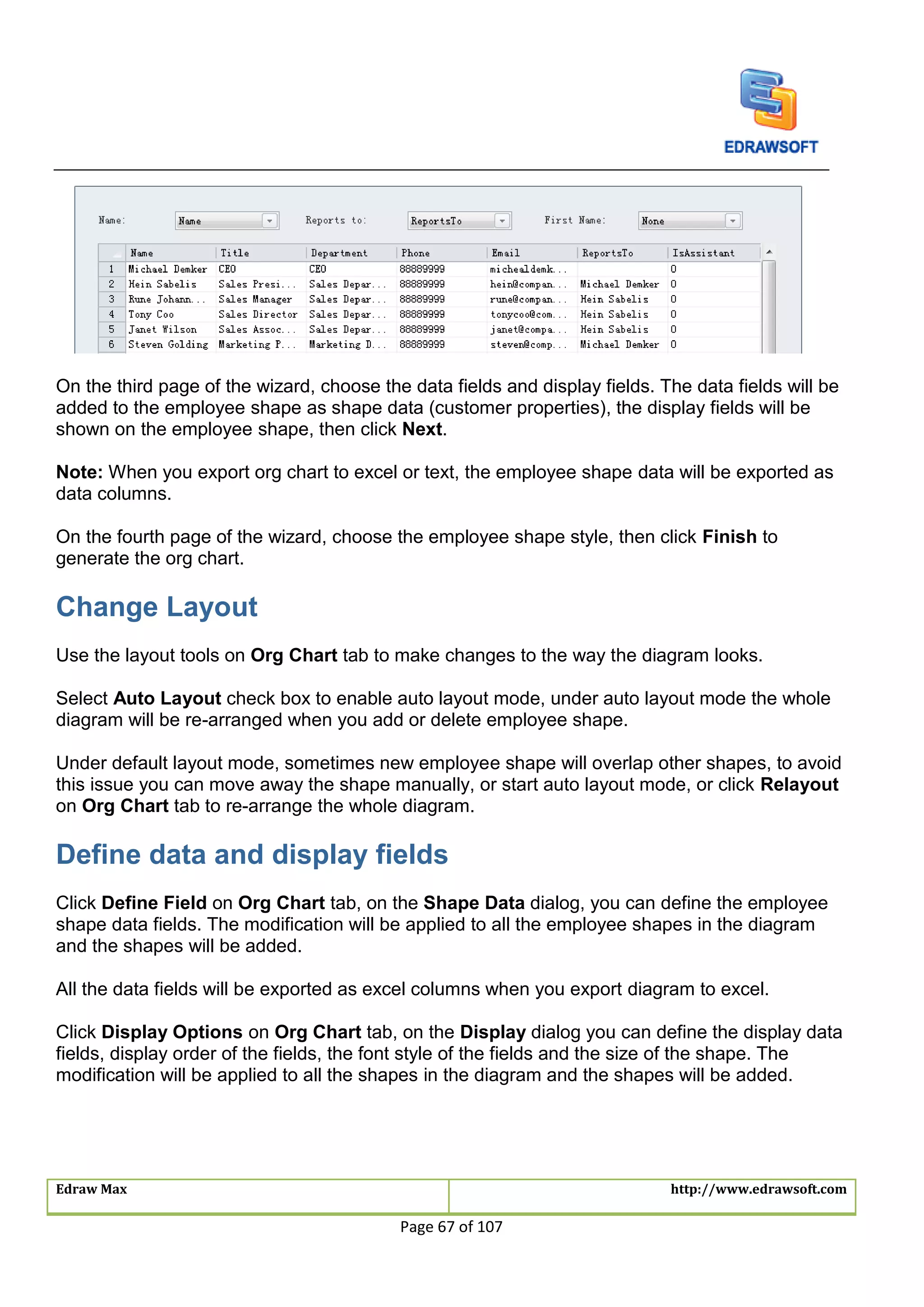 Edraw Max http://www.edrawsoft.com
Page 67 of 107
On the third page of the wizard, choose the data fields and display fields. The data fields will be
added to the employee shape as shape data (customer properties), the display fields will be
shown on the employee shape, then click Next.
Note: When you export org chart to excel or text, the employee shape data will be exported as
data columns.
On the fourth page of the wizard, choose the employee shape style, then click Finish to
generate the org chart.
Change Layout
Use the layout tools on Org Chart tab to make changes to the way the diagram looks.
Select Auto Layout check box to enable auto layout mode, under auto layout mode the whole
diagram will be re-arranged when you add or delete employee shape.
Under default layout mode, sometimes new employee shape will overlap other shapes, to avoid
this issue you can move away the shape manually, or start auto layout mode, or click Relayout
on Org Chart tab to re-arrange the whole diagram.
Define data and display fields
Click Define Field on Org Chart tab, on the Shape Data dialog, you can define the employee
shape data fields. The modification will be applied to all the employee shapes in the diagram
and the shapes will be added.
All the data fields will be exported as excel columns when you export diagram to excel.
Click Display Options on Org Chart tab, on the Display dialog you can define the display data
fields, display order of the fields, the font style of the fields and the size of the shape. The
modification will be applied to all the shapes in the diagram and the shapes will be added.
 