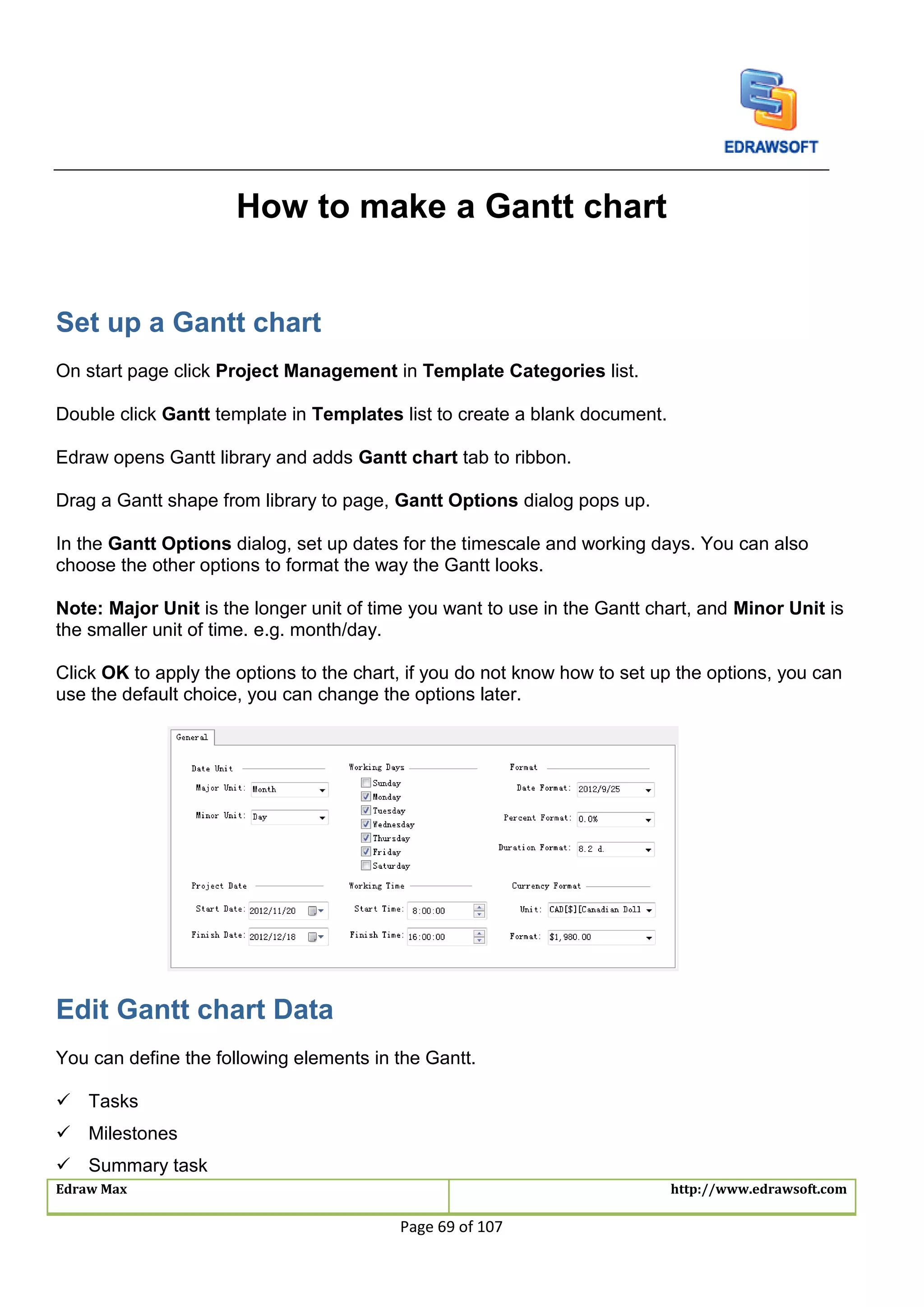 Edraw Max http://www.edrawsoft.com
Page 69 of 107
How to make a Gantt chart
Set up a Gantt chart
On start page click Project Management in Template Categories list.
Double click Gantt template in Templates list to create a blank document.
Edraw opens Gantt library and adds Gantt chart tab to ribbon.
Drag a Gantt shape from library to page, Gantt Options dialog pops up.
In the Gantt Options dialog, set up dates for the timescale and working days. You can also
choose the other options to format the way the Gantt looks.
Note: Major Unit is the longer unit of time you want to use in the Gantt chart, and Minor Unit is
the smaller unit of time. e.g. month/day.
Click OK to apply the options to the chart, if you do not know how to set up the options, you can
use the default choice, you can change the options later.
Edit Gantt chart Data
You can define the following elements in the Gantt.
 Tasks
 Milestones
 Summary task
 
