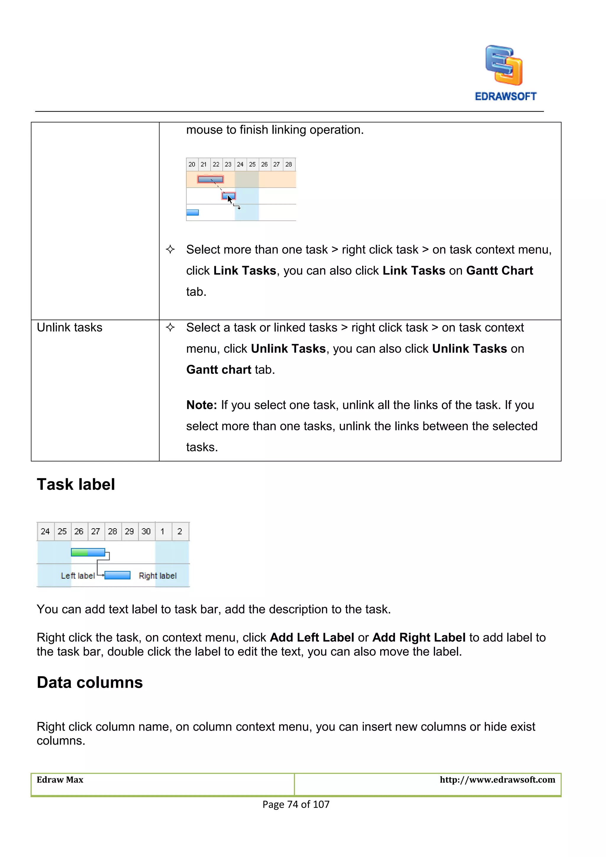 Edraw Max http://www.edrawsoft.com
Page 74 of 107
mouse to finish linking operation.
 Select more than one task > right click task > on task context menu,
click Link Tasks, you can also click Link Tasks on Gantt Chart
tab.
Unlink tasks  Select a task or linked tasks > right click task > on task context
menu, click Unlink Tasks, you can also click Unlink Tasks on
Gantt chart tab.
Note: If you select one task, unlink all the links of the task. If you
select more than one tasks, unlink the links between the selected
tasks.
Task label
You can add text label to task bar, add the description to the task.
Right click the task, on context menu, click Add Left Label or Add Right Label to add label to
the task bar, double click the label to edit the text, you can also move the label.
Data columns
Right click column name, on column context menu, you can insert new columns or hide exist
columns.
 