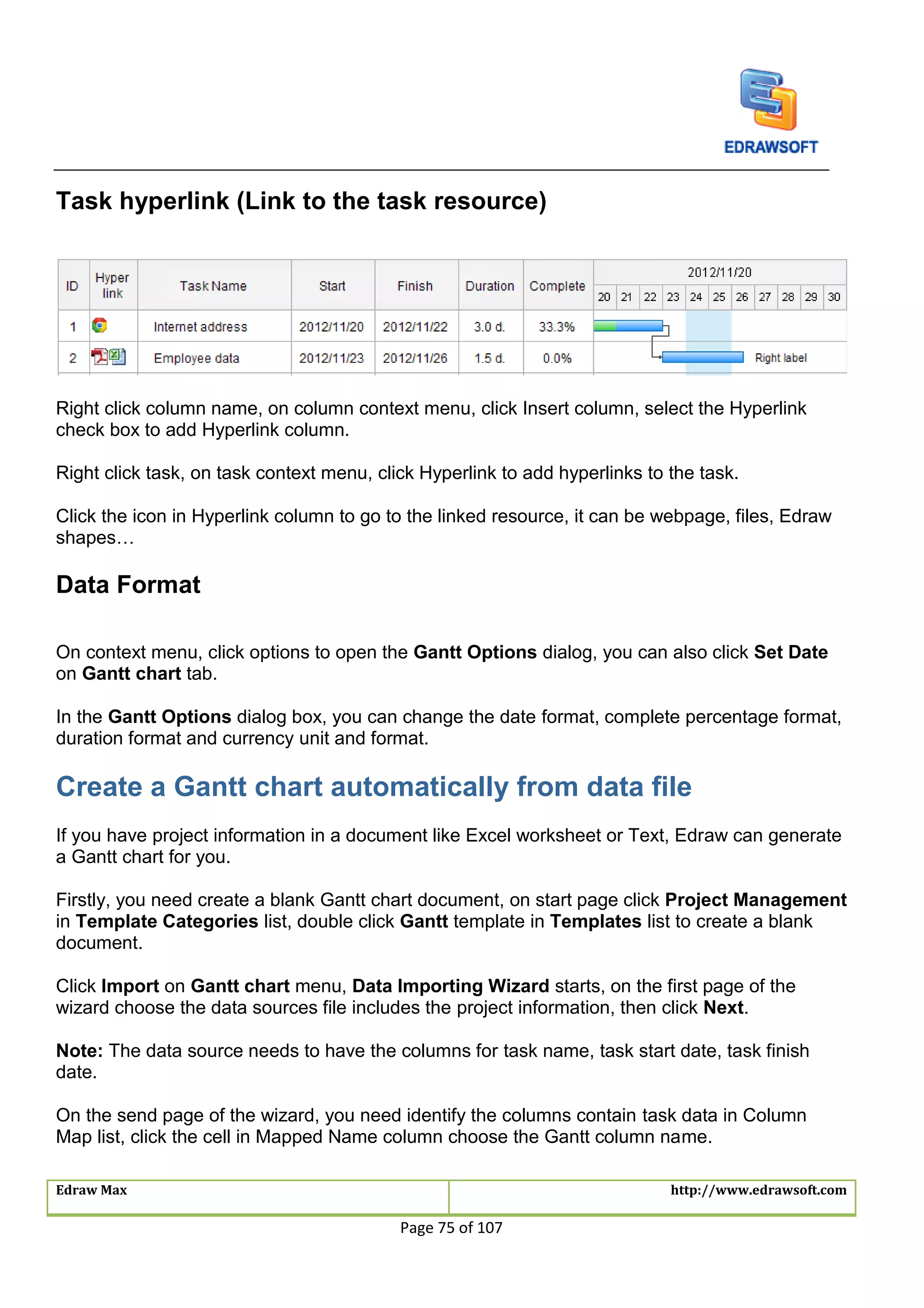 Edraw Max http://www.edrawsoft.com
Page 75 of 107
Task hyperlink (Link to the task resource)
Right click column name, on column context menu, click Insert column, select the Hyperlink
check box to add Hyperlink column.
Right click task, on task context menu, click Hyperlink to add hyperlinks to the task.
Click the icon in Hyperlink column to go to the linked resource, it can be webpage, files, Edraw
shapes…
Data Format
On context menu, click options to open the Gantt Options dialog, you can also click Set Date
on Gantt chart tab.
In the Gantt Options dialog box, you can change the date format, complete percentage format,
duration format and currency unit and format.
Create a Gantt chart automatically from data file
If you have project information in a document like Excel worksheet or Text, Edraw can generate
a Gantt chart for you.
Firstly, you need create a blank Gantt chart document, on start page click Project Management
in Template Categories list, double click Gantt template in Templates list to create a blank
document.
Click Import on Gantt chart menu, Data Importing Wizard starts, on the first page of the
wizard choose the data sources file includes the project information, then click Next.
Note: The data source needs to have the columns for task name, task start date, task finish
date.
On the send page of the wizard, you need identify the columns contain task data in Column
Map list, click the cell in Mapped Name column choose the Gantt column name.
 
