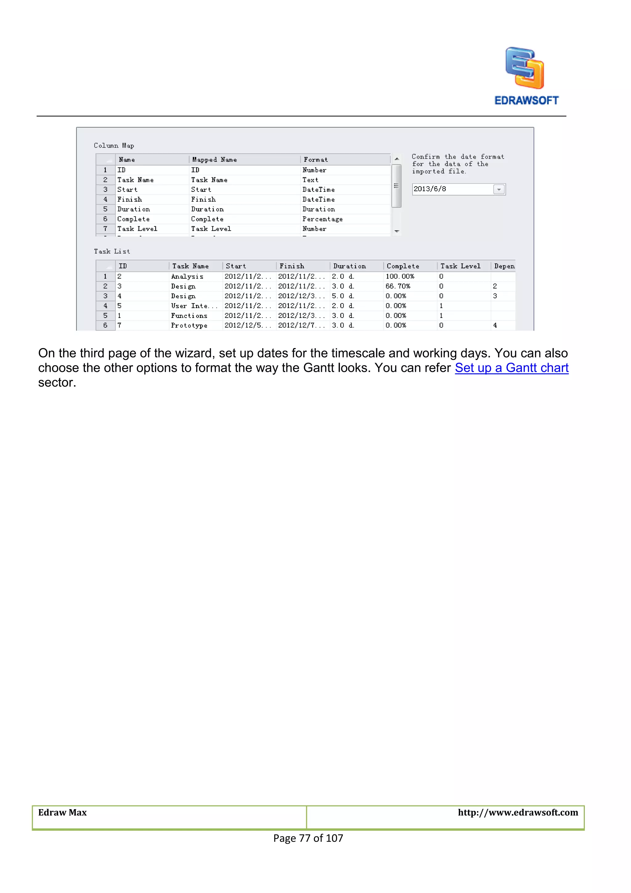 Edraw Max http://www.edrawsoft.com
Page 77 of 107
On the third page of the wizard, set up dates for the timescale and working days. You can also
choose the other options to format the way the Gantt looks. You can refer Set up a Gantt chart
sector.
 