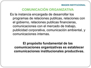 IMAGEN INSTITUCIONALCOMUNICACIÓN ORGANIZATIVAEs la instancia encargada de desarrollar los programas de relaciones publicas, relaciones con el gobierno, relaciones publicas financieras, comunicaciones con el mercado de trabajo, publicidad corporativa, comunicación ambiental, y comunicaciones internas.El propósito fundamental de las comunicaciones organizativas es establecer comunicaciones institucionales productivas.