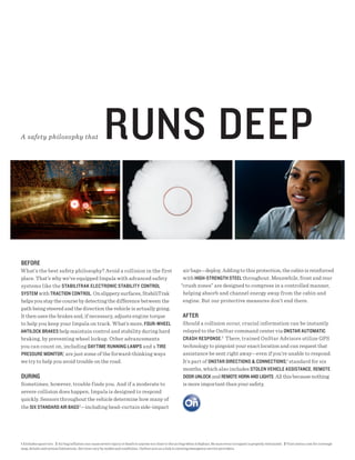 A safety philosophy that                              runs deeP

before
What’s the best safety philosophy? Avoid a collision in the first                                         air bags—deploy. Adding to this protection, the cabin is reinforced
place. That’s why we’ve equipped Impala with advanced safety                                              with hIgh-strength steeL throughout. Meanwhile, front and rear
systems like the stAbILItrAk eLectronIc stAbILIty controL                                                “crush zones” are designed to compress in a controlled manner,
systeM with trActIon controL . On slippery surfaces, StabiliTrak                                          helping absorb and channel energy away from the cabin and
helps you stay the course by detecting the difference between the                                         engine. But our protective measures don’t end there.
path being steered and the direction the vehicle is actually going.
It then uses the brakes and, if necessary, adjusts engine torque                                           After
to help you keep your Impala on track. What’s more, four-wheeL                                             Should a collision occur, crucial information can be instantly
AntILock brAkes help maintain control and stability during hard                                            relayed to the OnStar command center via onstAr AutoMAtIc
braking, by preventing wheel lockup. Other advancements                                                    crAsh resPonse .3 There, trained OnStar Advisors utilize GPS
you can count on, including dAytIMe runnIng LAMPs and a tIre                                               technology to pinpoint your exact location and can request that
Pressure MonItor ,1 are just some of the forward-thinking ways                                             assistance be sent right away—even if you’re unable to respond.
we try to help you avoid trouble on the road.                                                              It’s part of onstAr dIrectIons & connectIons,3 standard for six
                                                                                                           months, which also includes stoLen VehIcLe AssIstAnce, reMote
durIng                                                                                                     door unLock and reMote horn And LIghts. All this because nothing
Sometimes, however, trouble finds you. And if a moderate to                                                is more important than your safety.
severe collision does happen, Impala is designed to respond
quickly. Sensors throughout the vehicle determine how many of
the sIx stAndArd AIr bAgs2—including head-curtain side-impact




1 Excludes spare tire. 2 Air bag inflation can cause severe injury or death to anyone too close to the air bag when it deploys. Be sure every occupant is properly restrained. 3 Visit onstar.com for coverage
map, details and system limitations. Services vary by model and conditions. OnStar acts as a link to existing emergency service providers.
 
