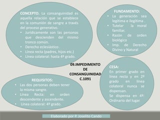 09.IMPEDIMENTO
DE
CONSANGUINIDAD
C.1091
CONCEPTO. La consanguinidad es
aquella relación que se establece
en la comunión de sangre a través
del proceso generativo.
• Jurídicamente son las personas
que descienden del mismo
tronco común.
• Derecho eclesiástico .
• Línea recta (padres, hijos etc.)
• Línea colateral: hasta 4º grado.
FUNDAMENTO:
• La generación sea
legítima e ilegítima .
• Tutelar la moral
familiar.
• Razón de orden
biológico
• Imp. de Derecho
Divino y Natural
CESA:
En primer grado en
línea recta y en 2º
grado en línea
colateral nunca se
dispensan.
Se dispensa en 4º:
Ordinario del lugar.
REQUISITOS:
• Las dos personas deben tener
la misma sangre.
• Línea Recta: en orden
descendente y ascendente.
• Línea colateral: 4º grado.
Elaborado por P. Joselito Cando
 