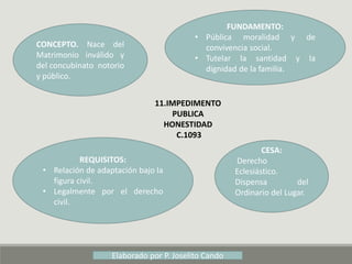 11.IMPEDIMENTO
PUBLICA
HONESTIDAD
C.1093
CONCEPTO. Nace del
Matrimonio inválido y
del concubinato notorio
y público.
FUNDAMENTO:
• Pública moralidad y de
convivencia social.
• Tutelar la santidad y la
dignidad de la familia.
CESA:
Derecho
Eclesiástico.
Dispensa del
Ordinario del Lugar.
REQUISITOS:
• Relación de adaptación bajo la
figura civil.
• Legalmente por el derecho
civil.
Elaborado por P. Joselito Cando
 
