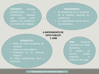 6.IMPEDIMENTO DE
VOTO PUBLICO
C.1088
CONCEPTO. Atentan
inválidamente el
matrimonio aquellos
que realizan votos
públicos de castidad en
una institución religiosa
FUNDAMENTO:
• Se encuentran en la promesa
de la castidad opuestas al
matrimonio.
• Es impedimento deriva de la
ley eclesiástica.
CESA. Dispensa
reservado a la Sede
Apostólica.
En peligro de
muerte puede
dispensar el
Ordinario del Lugar.
REQUISITOS:
• Debe ser votos perpetuos de
castidad.
• Debe ser votos públicos
• Profesado en un Instituto
religioso.
Se realiza válidamente: libre y
voluntario
Elaborado por P. Joselito Cando
 