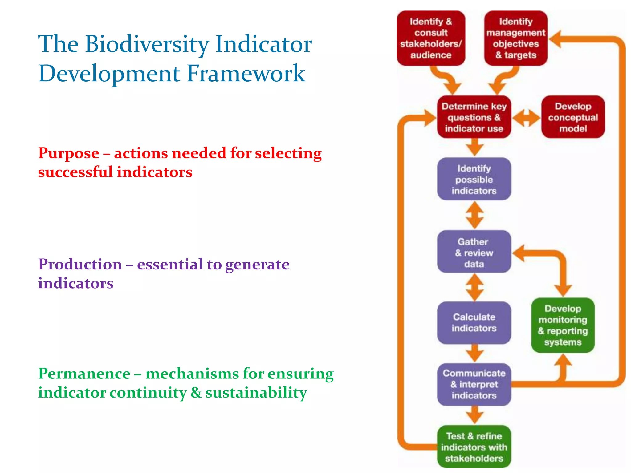 The Biodiversity Indicator
Development Framework
Purpose – actions needed for selecting
successful indicators
Production – essential to generate
indicators
Permanence – mechanisms for ensuring
indicator continuity & sustainability
 