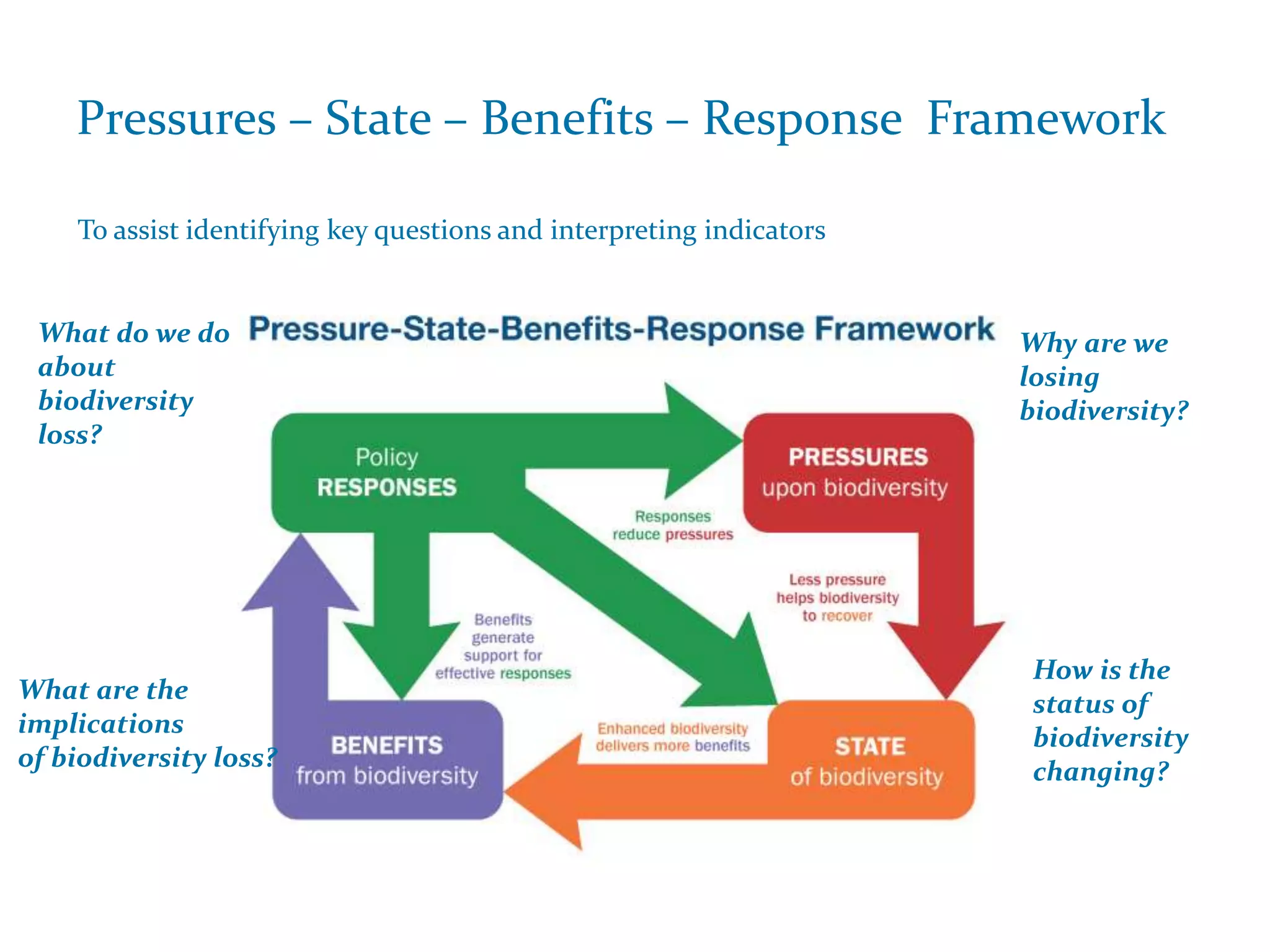 Pressures – State – Benefits – Response Framework
To assist identifying key questions and interpreting indicators
What do we do
about
biodiversity
loss?
What are the
implications
of biodiversity loss?
Why are we
losing
biodiversity?
How is the
status of
biodiversity
changing?
 