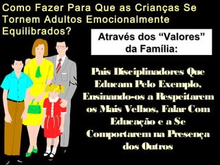Como Fazer Para Que as Crianças SeComo Fazer Para Que as Crianças Se
Tornem Adultos EmocionalmenteTornem Adultos Emocionalmente
Equilibrados?Equilibrados?
Através dos “Valores”Através dos “Valores”
da Família:da Família:
Pais Disciplinadores QuePais Disciplinadores Que
EducamPelo Exemplo,EducamPelo Exemplo,
Ensinando-os a RespeitaremEnsinando-os a Respeitarem
os Mais Velhos, FalarComos Mais Velhos, FalarCom
Educação e a SeEducação e a Se
Comportaremna PresençaComportaremna Presença
dos Outrosdos Outros
 