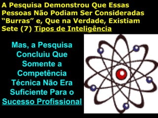 A Pesquisa Demonstrou Que EssasA Pesquisa Demonstrou Que Essas
Pessoas Não Podiam Ser ConsideradasPessoas Não Podiam Ser Consideradas
“Burras” e, Que na Verdade, Existiam“Burras” e, Que na Verdade, Existiam
Sete (7)Sete (7) Tipos de InteligênciaTipos de Inteligência
Mas, a PesquisaMas, a Pesquisa
Concluiu QueConcluiu Que
Somente aSomente a
CompetênciaCompetência
Técnica Não EraTécnica Não Era
Suficiente Para oSuficiente Para o
Sucesso ProfissionalSucesso Profissional
 