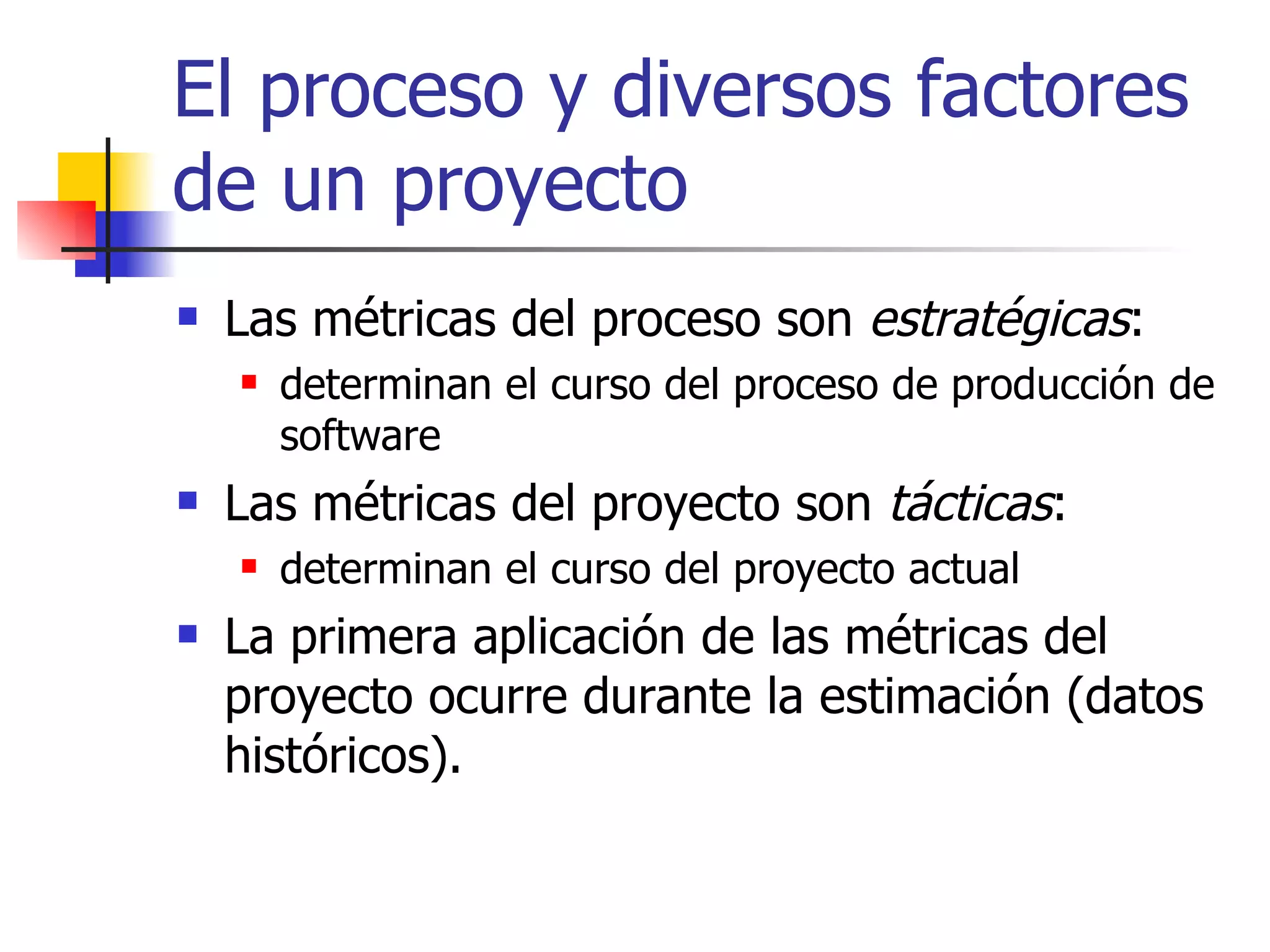 El proceso y diversos factores de un proyecto Las métricas del proceso son  estratégicas : determinan el curso del proceso de producción de software Las métricas del proyecto son  tácticas : determinan el curso del proyecto actual La primera aplicación de las métricas del proyecto ocurre durante la estimación (datos históricos). 