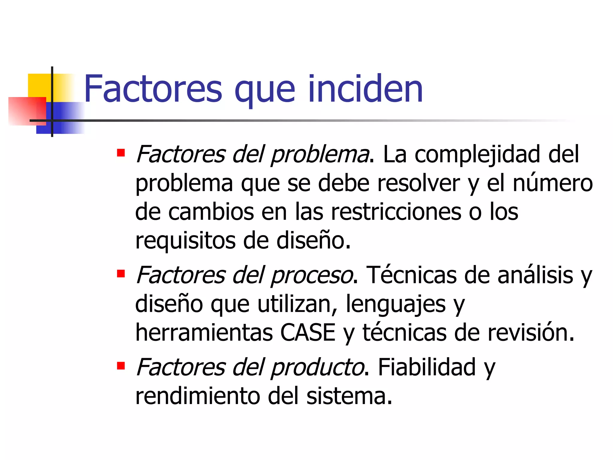 Factores que inciden Factores del problema . La complejidad del problema que se debe resolver y el número de cambios en las restricciones o los requisitos de diseño. Factores del proceso . Técnicas de análisis y diseño que utilizan, lenguajes y herramientas CASE y técnicas de revisión. Factores del producto . Fiabilidad y rendimiento del sistema. 
