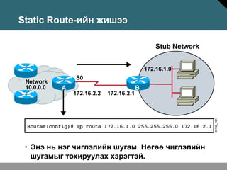 Static Route-ийн жишээ




 • Энэ нь нэг чиглэлийн шугам. Нөгөө чиглэлийн
   шугамыг тохируулах хэрэгтэй.
 