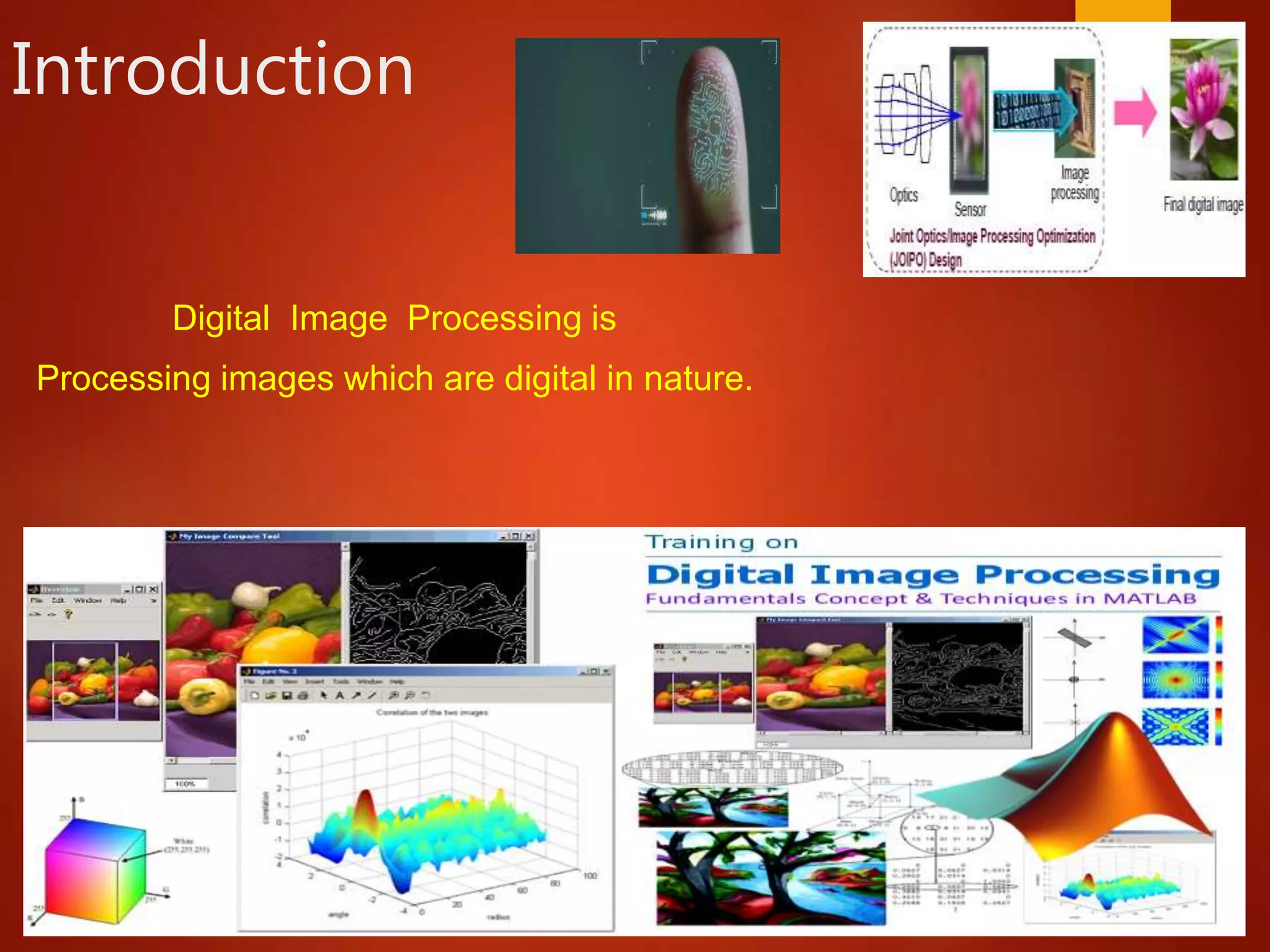 Introduction
Digital Image Processing is
Processing images which are digital in nature.
 