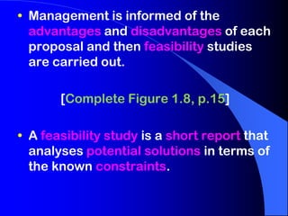 • Management is informed of the
advantages and disadvantages of each
proposal and then feasibility studies
are carried out.
[Complete Figure 1.8, p.15]
• A feasibility study is a short report that
analyses potential solutions in terms of
the known constraints.

 