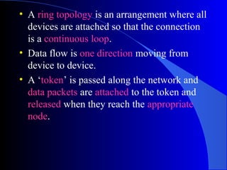 • A ring topology is an arrangement where all
devices are attached so that the connection
is a continuous loop.
• Data flow is one direction moving from
device to device.
• A ‘token’ is passed along the network and
data packets are attached to the token and
released when they reach the appropriate
node.
 