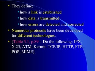• They define:
• how a link is established
• how data is transmitted
• how errors are detected and corrected
• Numerous protocols have been developed
for different technologies.
• [Table 3.1, p.89 – Do the following: IPX,
X.25, ATM, Kermit, TCP/IP, HTTP, FTP,
POP, MIME]
 