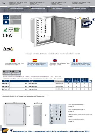Instalacíon empotrada Flush mounting Installation encastréInstalação embebida
Instalação Embebida /Instalacion empotrada /Flush mounted /Installation encastré
Material termoplástico
Material termoplastico
Thermoplastic material
Matériel thermoplastique
Cores
Colores
Colours
Couleurs
- ‘Compactos’ para utilizacion
con caja de soporte CATI P
- ‘Taille compacte’ utilisation
avec boitier de support CATI P
- ‘Compactos’ para usar com
Caixa de apoio CATI-P
- ‘Compact’ size to be used with
support box CATI P
CAIXAS DE INSTALAÇÃO EMBEBIDA/SALIENTE (ATE ‘s)Design. Dims.(mm)Ref.
RC-PC
N.º TT
PC
RC-CC
N.º TT
coaxial
RC-FO
N.º TT
fibra
ATI - PAU - HTC/DTI
ATI - PAU - HTC/DTI
ATI - PAU - HTC/DTI
360x350x123
360x350x123
360x350x123
4
6
8
2
2
2
1
1
1
C971PR - 4
C971PR - 6
C971PR - 8
4
6
8
*Tomada de energia e barramento terra incluídos *Toma de corriente y borne de tierre incluido.
*Energy socket and earth bus bar included. *Prise de courant et borne de masse inclus.
- Com placa electrónica CAT.6
(Classe E)
- Con circuit electrónico CAT.6
(Classe E)
- With electronic printed circuit board CAT 6
(Class E)
- Avec carte électronique CAT 6
(Classe E)
+ +
360mm
350mm 123mm
REGISTRO DE TERMINACÍON
DE RED - PAU
ITED 2ªEd. y 3ªEd
HOME TELECOMMUNICATION
CABINET - HTC
ITED 2ªEd. and 3ªEd
COFFRET DE TÉLÉCOMMUNICATIONS
ITED 2ªEd. and 3ªEd
ARMÁRIOS DE TELECOMUNICAÇÕES
DE INDIVIDUAIS (ATI’s)
ITED 2ªEd. e 3ªEd
*Conjunto completo:Fundo 71G + Painel ATI + Moldura e tampa *Conjunto completo:Fondo 71G + Panel + Marco y tapa
*Complete set:Mouting body 71G + Panel + Frame and cover *Ensemble complet:Fond 71G + Panneau + Cadre et couverture
Completo Complete
188
*
Lançamento em 2015 - Lanzamiento en 2015 - To be release in 2015 - À lancer en 2015
*
 