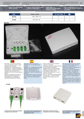 Para enlace entre el Punto de
Distribución y la red Interior del
usuario.
Equipada con 4 Adaptadores SC-APC
SIMPLEX, manga de protección,
bridas y tacos de fijación y 4
“splicers” de protección de los
empalmes en caso de realización de
fusiones .
Se puede utilizar como una toma de
fibra óptica en remodelaciones del
Hogar o Oficinas (recibe hasta 4
fibras)
Pour faire la liaison entre le Coffret
de Distribution d´étage (dans la
Colonne) ou le Coffret de
Télécommunications Principale et le
réseau privé individuelle.
Equipé de 4 raccords adaptateurs
SC-APC Simplex, manchons de
protection, colliers, chevilles de
fixation, 4 manchons d'alignement
pour la protection de la soudure de
la fibres en cas de épissurage par
fusion
Peut être utilisé comme un Point de
Distribution pour la Fibre optique en
cas de rénovation dans la Maison ou
en Bureaux (peut recevoir jusqu'à 4
fibres)
Caja de enlace de fibra óptica
y toma de fibra óptica
FIBOX fiber and
optical fiber socket-outlet
surface mounting
Bôite de distribution et socket
pour la fibre optique installation
en surface
FiBox e tomada de fibra
óptica saliente
Para fazer o link entre a rede da
coluna montante ou ATE e a rede
Individual do assinante.
Equipada com 4 adaptadores SC-
APC Simplex, manga de protecção,
abraçadeiras , buchas de fixação e 4
“splicers” para protecção dos
empalmes em caso de realização de
fusões.
Pode ser utilizado como ponto de
distribuição de Fibra óptica em
remodelações da habitação ou
escritórios (recebe até 4 fibras)
May be used to link the operator
network or the Main
Telecommunications Cabinet and the
private Network subscriber.
Equipped with 4 SC-APC Simplex
adapters, protective sleeve, cable
ties, adapter sleeves and 4
"splicer's" for protection in case of
fusion of the fiber.
May be used as a Distribution Point
for fiber optic in Home or Office
renewals (may receive up to 4
fibers)
Ref.
RC-FO 150 x 109 x 32
Dims. (mm) SC-APC Adap.
TT-FO 95 x 86 x 22
4
2 1
1
Tomada de fibra óptica de instalação
de superfície com 25C-APC
Toma de fibra optica para distribucíon
de instalacíon em superficie con 2
adaptadores SC-APC
Optical fiber socket for surface
instalation with 2 SC-APC adapters
Socle de distribuition de fibre optique
pous instalation en surface avec 2
raccord SC-APC
RC-FO
TT-FO
DISTRIBUIÇÃO DE TELECOMUNICAÇÕES
EM REMODELAÇÕES E REABILITAÇÃO
DE HABITAÇÕES
DISTRIBUCÍON DE TELECOMUNICACIONES
EN REMODELACIONES Y REHABILITACÍON
DE LA VIVIENDA
TELECOMMUNICATIONS DISTRIBUTION
ON HOME RENEWALS AND REMODELING
DISTRIBUTION DES TÉLÉCOMMUNICATIONS
DANS LA RÉNOVATION ET RÉHABILITATION
DES MAISONS
193
 