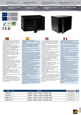 Bastidores murales
mono cuerpo
Single body wall network
cabinets
Coffret réseau monocorpsBastidores de parede
monocorpo
ARMARIOS BASTIDORES 19 POL
PARA CABLEADO ESTRUCTURADO
Y ICT DE 19 POL
19" CABINETS FOR STRUCTURED
CABLING AND BUILDINGS NETWORKS
TELECOMMUNICATION
COFFRETS - RÉSEAUX 19" POUR CÂBLAGE
STRUCTURÉ ET RÉSEAU DE
TÉLÉCOMMUNICATIONS DANS LES IMEUBLES
BASTIDORES 19 POL.
CABLAGEM ESTRUTURADA E ITED
- Armários bastidores metálicos de parede
fornecidos já completamente montados.
- Fixação interior anti-roubo com 4 furos
para montagem na parede de modo a
facilitar a instalação.
- Dimensões disponíveis: 600x450mm
(monocorpo) e 600x550mm (duplo corpo).
- Bastidores de parede monocorpo na
versão de 6U, 9U, 12U e 15U.
- Bastidores de parede de duplo corpo na
versão de de 6U, 9U e 15U.
- Nos bastidores de 2 corpos, o corpo
principal rotativo assente no painel de
fixação à parede , poderá levar painéis na
parte posterior e quase duplicar a sua
capacidade.
- Rails e perfis de 19 " na parte frontal
ajustáveis em profundidade.
- Já equipados com 1 prateleira nos
modelos de 12U e 15U.
-Chapa de excelente qualidade e robustez:
chapa de aço de 1,1 mm a 1,5 milímetros de
espessura para alta capacidade de carga
- Capacidade de carga: 100 kg
- Pintura plástica epoxi em negro de alta
resistência à corrosão e resistentes à
lavagem com água e detergente.
- Pré-corte no topo e em baixo para entrada
e saída de cabos.
-Já equipados com Fans de ventilação: 1
ventilador nos modelos de 6U e 9U, 2
ventiladores nos modelos de 12U e 15U.
- Porta frontal em vidro temperado e com
fechadura
- Painéis laterais amovíveis e com fechadura
incluída.
- Em conformidade com as normas
internacionais DIN41491, (/ EIA ANSI) RS-
310-D - DIN41494 - IEC / IEC 297-1 / 2 -
IEC / IEC 917-2-7 de definição de sistema
de rack padrão (19 "= 482,6 milímetros)
(1U = 44,45mm)
- Bastidores murales metálicos
suministrados completamente assemblados
y montados.
- Fijación interna anti-robo y con 4 agujeros
para facilitar la instalación en la pared.
- Dimensiones disponibles: 600x450mm
(mono cuerpo) y 600x550mm (doble
cuerpo).
- Rack mural mono cuerpo en versión 6U,
9U, 12U y 15U.
- Rack mural doble cuerpo en versión de 6U,
9U y 15U.
- En la versión de doble cuerpo, el cuerpo
principal está apoyado en panel de montaje
en la pared y puede rodar de manera abrir
la parte posterior y facilitar el pasaje de
cableado o para llevar paneles en la espalda.
De esta manera casi duplica su capacidad.
- Rails y perfiles de 19 "en la parte delantera
regulables en profundidad.
- Ya equipado con 1 bandeja fija en los
modelos 12U y 15U.
-Chapa de excelente calidad y robustez:
espesor de 1,1 mm a 1,5 mm de chapa de
acero para alta capacidad de carga
- Capacidad de carga: 100 kg
- Pintura plástica epoxi de alta resistencia a
la corrosión en color negro y resistente al
lavado con agua y detergente.
- Pre-corte en la parte superior e inferior
para la entrada y salida del cableado.
-Ya equipadas con Fans de ventilación: 1
ventilador en modelos de 6U y 9U, 2
ventiladores en los modelos de 12U y 15U.
- Puerta frontal de cristal templado y
cerradura
- Paneles laterales desmontables y con
cerradura incluida.
- En conformidad con las normas
internacionales DIN41491, (/ EIA ANSI) RS-
310-D - DIN41494 - CEI / IEC 297-1 / 2 -
IEC / IEC 917-2-7 de definición del sistema
de rack estándar (19 "= 482.6 mm) (1U =
44,45mm)
- 19-Inch wall network cabinets made of
metal and supplied already fully assembled.
- Anti-theft inner fixation with 4 holes to
facilitate the installation in wall surface
mounting.
- Dimensions available: 600x450mm (Single
body) and 600x550mm (double body).
- Single body wall cabinets in versions of
6U, 9U, 12U and 15U.
- Double body wall cabinets in versions of
6U, 9U and 15U.
- In the double body models, the main front
body may rotate based on wall mounted
rear body in order to facilitate the
installation , cabling and to allow the main
body to receive patching or any other type
of panels. This could lead to almost the
double of the capacity of the cabinet.
- The rails and profiles of 19 "on the front
are adjustable in depth.
- Already equipped with 1 shelf in 12U and
15U models.
-Metal plate of excellent quality and
robustness: thickness of 1.1 mm to 1.5 mm
steel plate for high load capacity
- Load capacity: 100 kg
- Epoxy plastic paint in mate black, high
resistance to corrosion and resistant to
water and detergent washing.
- Pre-cuts at the top and bottom for entry
and exit of cables.
-Already equipped with ventilation Fans: 1
fan in 6U and 9U models, 2 fans in 12U and
15U models.
- Front door in tempered glass and lockable
- Removable side panels with lock included.
- In accordance with international standards
DIN41491, (/ EIA ANSI) RS-310-D -
DIN41494 - IEC / IEC 297-1 / 2 - IEC / IEC
917-2-7, defining and settings the 19 inches
rack system (19"= 482.6 mm) (1U =
44,45mm)
- Armoires coffrets réseau métalliques livrés
déjà entièrement assemblées.
- Fixation intérieure antivol, avec 4 Trous de
fixation murale prévus pour une pose facilité
- Dimensions disponibles: 600x450mm
(mono corps) et 600x550mm (double
corps).
- Coffrets réseau mono corps en version
6U, 9U, 12U et 15U.
- Coffrets réseau double corps en version
de 6U, 9U et 15U.
- Le corps principal du coffret double corps
peut faire la rotation basé sur le corps
mural. Il peut recevoir des panneaux 19
pouces sur le dos et presque doubler sa
capacité.
- Rails et profils de 19 "à l'avant réglables en
profondeur.
- Modèles de 12U et 15Us déjà équipées de
une tablette fixe.
-Tôle d'excellente qualité et robustesse: 1,1
mm d'épaisseur - plaque 1,5 mm en acier
pour une capacité de charge élevée.
- Capacité de charge: 100 kg
- Peinture époxy poudré en couleur Noir
d´haute résistance à la corrosion qui peut
être lavée avec du détergent et de l'eau.
- Pré-coupé en haut et en bas pour les
câbles d'entrée et de sortie.
-Déjà équipées de fans de ventilation: une
fan dans les modèles de 6U et 9U, deux
ventilateurs dans les modèles 12U et 15U.
- Porte avant en verre sécurité trempé et
verrouillable
- Panneaux latéraux amovibles avec
fermeture à clé inclus
- Conformément aux normes internationales
DIN41491, (/ EIA ANSI) RS-310-D -
DIN41494 - CEI / IEC 297-1 / 2 - CEI / IEC
917-2-7 de définition du système de rack
standard 19 "(= 482,6 mm) (1U =
44,45mm)
Design. Dims.(mm)Ref.
1
1
1
1
B-05FF-6U
B-05FF-9U
B-05FF-12U
B-05FF-15U
600x450x368
600x450x501
600x450x635
600x450x769
Bastidor - Cabinet - Coffret : 6U (600 x 450)
Bastidor - Cabinet - Coffret : 9U (600 x 450)
Bastidor - Cabinet - Coffret : 12U (600 x 450)
Bastidor - Cabinet - Coffret : 15U (600 x 450)
Aço
Acero
Steel
Acier
Aplicação pressão
Aplicación presión
Pressure aplication
Aplicacion a pression
Cores
Colores
Colours
Cûleurs
Aplicação pressão
Aplicación presión
Pressure aplication
Aplicacion a pression
Cores
Colores
Colours
Couleurs
199
 