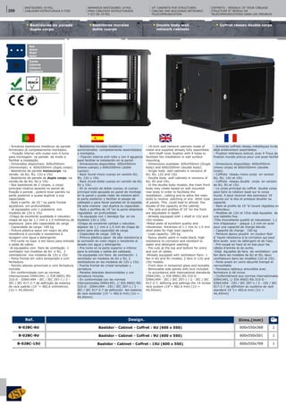 Bastidores murales
doble cuerpo
Double body wall
network cabinets
Coffret réseau double corpsBastidores de parede
duplo corpo
Design. Dims.(mm)Ref.
1
1
1
B-02BC-6U
B-02BC-9U
B-02BC-15U
600x550x368
600x550x501
600x550x769
Bastidor - Cabinet - Coffret : 6U (600 x 550)
Bastidor - Cabinet - Coffret : 9U (600 x 550)
Bastidor - Cabinet - Coffret : 15U (600 x 550)
- Armários bastidores metálicos de parede
fornecidos já completamente montados.
- Fixação interior anti-roubo com 4 furos
para montagem na parede de modo a
facilitar a instalação.
- Dimensões disponíveis: 600x450mm
(monocorpo) e 600x550mm (duplo corpo).
- Bastidores de parede monocorpo na
versão de 6U, 9U, 12U e 15U.
- Bastidores de parede de duplo corpo na
versão de de 6U, 9U e 15U.
- Nos bastidores de 2 corpos, o corpo
principal rotativo assente no painel de
fixação à parede , poderá levar painéis na
parte posterior e quase duplicar a sua
capacidade.
- Rails e perfis de 19 " na parte frontal
ajustáveis em profundidade.
- Já equipados com 1 prateleira nos
modelos de 12U e 15U.
-Chapa de excelente qualidade e robustez:
chapa de aço de 1,1 mm a 1,5 milímetros de
espessura para alta capacidade de carga
- Capacidade de carga: 100 kg
- Pintura plástica epoxi em negro de alta
resistência à corrosão e resistentes à
lavagem com água e detergente.
- Pré-corte no topo e em baixo para entrada
e saída de cabos.
-Já equipados com Fans de ventilação: 1
ventilador nos modelos de 6U e 9U, 2
ventiladores nos modelos de 12U e 15U.
- Porta frontal em vidro temperado e com
fechadura
- Painéis laterais amovíveis e com fechadura
incluída.
- Em conformidade com as normas
internacionais DIN41491, (/ EIA ANSI) RS-
310-D - DIN41494 - IEC / IEC 297-1 / 2 -
IEC / IEC 917-2-7 de definição de sistema
de rack padrão (19 "= 482,6 milímetros)
(1U = 44,45mm)
- Bastidores murales metálicos
suministrados completamente assemblados
y montados.
- Fijación interna anti-robo y con 4 agujeros
para facilitar la instalación en la pared.
- Dimensiones disponibles: 600x450mm
(mono cuerpo) y 600x550mm (doble
cuerpo).
- Rack mural mono cuerpo en versión 6U,
9U, 12U y 15U.
- Rack mural doble cuerpo en versión de 6U,
9U y 15U.
- En la versión de doble cuerpo, el cuerpo
principal está apoyado en panel de montaje
en la pared y puede rodar de manera abrir
la parte posterior y facilitar el pasaje de
cableado o para llevar paneles en la espalda.
De esta manera casi duplica su capacidad.
- Rails y perfiles de 19 "en la parte delantera
regulables en profundidad.
- Ya equipado con 1 bandeja fija en los
modelos 12U y 15U.
-Chapa de excelente calidad y robustez:
espesor de 1,1 mm a 1,5 mm de chapa de
acero para alta capacidad de carga
- Capacidad de carga: 100 kg
- Pintura plástica epoxi de alta resistencia a
la corrosión en color negro y resistente al
lavado con agua y detergente.
- Pre-corte en la parte superior e inferior
para la entrada y salida del cableado.
-Ya equipadas con Fans de ventilación: 1
ventilador en modelos de 6U y 9U, 2
ventiladores en los modelos de 12U y 15U.
- Puerta frontal de cristal templado y
cerradura
- Paneles laterales desmontables y con
cerradura incluida.
- En conformidad con las normas
internacionales DIN41491, (/ EIA ANSI) RS-
310-D - DIN41494 - CEI / IEC 297-1 / 2 -
IEC / IEC 917-2-7 de definición del sistema
de rack estándar (19 "= 482.6 mm) (1U =
44,45mm)
- 19-Inch wall network cabinets made of
metal and supplied already fully assembled.
- Anti-theft inner fixation with 4 holes to
facilitate the installation in wall surface
mounting.
- Dimensions available: 600x450mm (Single
body) and 600x550mm (double body).
- Single body wall cabinets in versions of
6U, 9U, 12U and 15U.
- Double body wall cabinets in versions of
6U, 9U and 15U.
- In the double body models, the main front
body may rotate based on wall mounted
rear body in order to facilitate the
installation , cabling and to allow the main
body to receive patching or any other type
of panels. This could lead to almost the
double of the capacity of the cabinet.
- The rails and profiles of 19 "on the front
are adjustable in depth.
- Already equipped with 1 shelf in 12U and
15U models.
-Metal plate of excellent quality and
robustness: thickness of 1.1 mm to 1.5 mm
steel plate for high load capacity
- Load capacity: 100 kg
- Epoxy plastic paint in mate black, high
resistance to corrosion and resistant to
water and detergent washing.
- Pre-cuts at the top and bottom for entry
and exit of cables.
-Already equipped with ventilation Fans: 1
fan in 6U and 9U models, 2 fans in 12U and
15U models.
- Front door in tempered glass and lockable
- Removable side panels with lock included.
- In accordance with international standards
DIN41491, (/ EIA ANSI) RS-310-D -
DIN41494 - IEC / IEC 297-1 / 2 - IEC / IEC
917-2-7, defining and settings the 19 inches
rack system (19"= 482.6 mm) (1U =
44,45mm)
- Armoires coffrets réseau métalliques livrés
déjà entièrement assemblées.
- Fixation intérieure antivol, avec 4 Trous de
fixation murale prévus pour une pose facilité
- Dimensions disponibles: 600x450mm
(mono corps) et 600x550mm (double
corps).
- Coffrets réseau mono corps en version
6U, 9U, 12U et 15U.
- Coffrets réseau double corps en version
de 6U, 9U et 15U.
- Le corps principal du coffret double corps
peut faire la rotation basé sur le corps
mural. Il peut recevoir des panneaux 19
pouces sur le dos et presque doubler sa
capacité.
- Rails et profils de 19 "à l'avant réglables en
profondeur.
- Modèles de 12U et 15Us déjà équipées de
une tablette fixe.
-Tôle d'excellente qualité et robustesse: 1,1
mm d'épaisseur - plaque 1,5 mm en acier
pour une capacité de charge élevée.
- Capacité de charge: 100 kg
- Peinture époxy poudré en couleur Noir
d´haute résistance à la corrosion qui peut
être lavée avec du détergent et de l'eau.
- Pré-coupé en haut et en bas pour les
câbles d'entrée et de sortie.
-Déjà équipées de fans de ventilation: une
fan dans les modèles de 6U et 9U, deux
ventilateurs dans les modèles 12U et 15U.
- Porte avant en verre sécurité trempé et
verrouillable
- Panneaux latéraux amovibles avec
fermeture à clé inclus
- Conformément aux normes internationales
DIN41491, (/ EIA ANSI) RS-310-D -
DIN41494 - CEI / IEC 297-1 / 2 - CEI / IEC
917-2-7 de définition du système de rack
standard 19 "(= 482,6 mm) (1U =
44,45mm)
ARMARIOS BASTIDORES 19 POL
PARA CABLEADO ESTRUCTURADO
Y ICT DE 19 POL
19" CABINETS FOR STRUCTURED
CABLING AND BUILDINGS NETWORKS
TELECOMMUNICATION
COFFRETS - RÉSEAUX 19" POUR CÂBLAGE
STRUCTURÉ ET RÉSEAU DE
TÉLÉCOMMUNICATIONS DANS LES IMEUBLES
BASTIDORES 19 POL.
CABLAGEM ESTRUTURADA E ITED
Aço
Acero
Steel
Acier
Aplicação pressão
Aplicación presión
Pressure aplication
Aplicacion a pression
Cores
Colores
Colours
Cûleurs
Aplicação pressão
Aplicación presión
Pressure aplication
Aplicacion a pression
Cores
Colores
Colours
Couleurs
200
 
