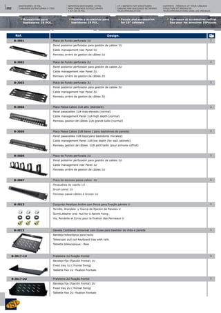 Paneles y accesórios para
bastidores 19 PUL.
Panels and accessories
for 19" cabinets
Panneaux et accessoires coffret
bay pour les armoires 19Pouces
Acessórios para
bastidores 19 POL.
Design.Ref.
1B-J001 Placa de Fundo perfurada 1U
Panel posterior perforador para gestión de cables 1U
Cable management rear Panel 1U
Panneau arrère de gestion de câbles 1U
1B-J003 Placa de Fundo perfurada 3U
Panel posterior perforador para gestión de cables 3U
Cable management rear Panel 3U
Panneau arrère de gestion de câbles 3U
1B-J002 Placa de Fundo perfurada 2U
Panel posterior perforador para gestión de cables 2U
Cable management rear Panel 2U
Panneau arrère de gestion de câbles 2U
1B-J004 Placa Passa Cabos 1UA alto (standard)
Panel pasacables 1UA más elevado (normal)
Cable management Panel 1UA high depth (normal)
Panneau gestion de câbles 1UA grandt taille (normal)
1B-J006 Placa de Fundo perfurada 1U
Panel posterior perforador para gestión de cables 1U
Cable management rear Panel 1U
Panneau arrère de gestion de câbles 1U
1B-J005 Placa Passa Cabos 1UB baixo ( para bastidores de parede)
Panel pasacables 1UB bajo(para bastidores muralesl)
Cable management Panel 1UB low depth (for wall cabinets)
Panneau gestion de câbles 1UB petit taille (pour armoire coffret)
1B-J007 Placa de escovas passa cabos 1U
Pasacables de cepillo 1U
Brush panel 1U
Panneau passe-câbles à brosse 1U
1B-J013 Conjunto Parafuso Anilha com Porca para fixação painéis U
Tornillo, Arandela y Tuerca de fijación de Paneles U
Screw,Washer and Nut for U Panels fixing
Vis, Rondelle et Ecrou pour la fixation des Panneaux U
1B-J015 Gaveta Cantilever Amovível com Guias para bastidor de chão e parede
Bandeja telescópica para racks
Telescopic pull out Keyboard tray with rails
Tablette téléscopique - Baie
1B-J017-1U Prateleira 1U fixação frontal
Bandeja fija (fijación frontal) 1U
Fixed tray 1U ( frontal fixing)
Tablette fixe 1U -fixation frontale
ARMARIOS BASTIDORES 19 POL
PARA CABLEADO ESTRUCTURADO
Y ICT DE 19 POL
19" CABINETS FOR STRUCTURED
CABLING AND BUILDINGS NETWORKS
TELECOMMUNICATION
COFFRETS - RÉSEAUX 19" POUR CÂBLAGE
STRUCTURÉ ET RÉSEAU DE
TÉLÉCOMMUNICATIONS DANS LES IMEUBLES
BASTIDORES 19 POL.
CABLAGEM ESTRUTURADA E ITED
1B-J017-2U Prateleira 2U fixação frontal
Bandeja fija (fijación frontal) 2U
Fixed tray 2U ( frontal fixing)
Tablette fixe 2U -fixation frontale
202
 