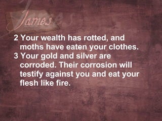 2 Your wealth has rotted, and moths have eaten your clothes.  3 Your gold and silver are corroded. Their corrosion will testify against you and eat your flesh like fire.   