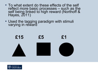  To what extent do these effects of the self
reflect more basic processes – such as the
self being linked to high reward (Northoff &
Hayes, 2011)
 Used the tagging paradigm with stimuli
varying in reward
£15 £5 £1
 
