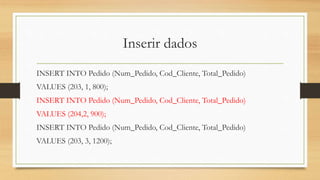 Inserir dados
INSERT INTO Pedido (Num_Pedido, Cod_Cliente, Total_Pedido)
VALUES (203, 1, 800);
INSERT INTO Pedido (Num_Pedido, Cod_Cliente, Total_Pedido)
VALUES (204,2, 900);
INSERT INTO Pedido (Num_Pedido, Cod_Cliente, Total_Pedido)
VALUES (203, 3, 1200);
 