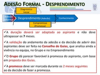 Passagem à IIIª SecçãoAdesão InformalO explorador continua a pertencer e a viver em pleno as dinâmicas do Grupo Explorador. Pretende-se que ele se vá familiarizando, de forma informal, com o Grupo de Pioneiros.Os Guias do Grupo Pioneiro convidam o Explorador a participar em alguma actividade de um Empreendimento, de forma informal, para ir conhecendo a dinâmica dos Pioneiros, Equipas, Guias, Chefes e o Abrigo. O Explorador vai observando, sem participação activa em termos de tarefas ou responsabilidades.Deixa de existir insígnia de ligação.