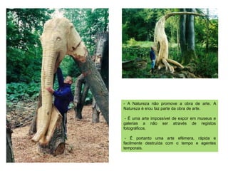 - A Natureza não promove a obra de arte. A
Natureza é e/ou faz parte da obra de arte.

 - É uma arte impossível de expor em museus e
galerias a não ser através de registos
fotográficos.

 - É portanto uma arte efémera, rápida e
facilmente destruída com o tempo e agentes
temporais.
 