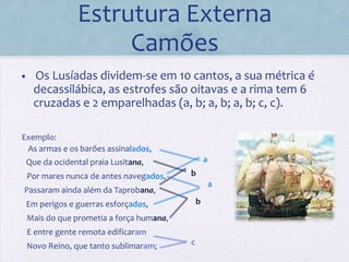 Estrutura Externa
                      Camões
•    Os Lusíadas dividem-se em 10 cantos, a sua métrica é
     decassilábica, as estrofes são oitavas e a rima tem 6
     cruzadas e 2 emparelhadas (a, b; a, b; a, b; c, c).
 
Exemplo:
 As armas e os barões assinalados, 
 Que da ocidental praia Lusitana,                   a
    Por mares nunca de antes navegados,     b
                                                        a
Passaram ainda além da Taprobana, 
 Em perigos e guerras esforçados,               b
    Mais do que prometia a força humana, 
    E entre gente remota edificaram 
    Novo Reino, que tanto sublimaram;       c
 