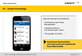 Kapsch BusinessCom
|
| Neue Strategien zur Bereitstellung des Arbeitsplatzes der Zukunft. 12
1.4.2014 Praxistage 2014
#1 – Instant Knowledge
Jederzeit informiert auf Knopfdruck
 Informationen über Preise,
Bezugsquellen
 Zusatzinformationen
(z.B. Bewertungen, Tests)
 “Wer googelt, der findet …”
beeinflusst Kaufverhalten
und wirkt somit auf bestehende
Geschäftsmodelle
 