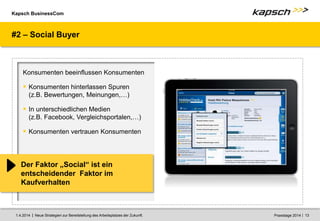 Kapsch BusinessCom
|
| Neue Strategien zur Bereitstellung des Arbeitsplatzes der Zukunft. 13
1.4.2014 Praxistage 2014
#2 – Social Buyer
Konsumenten beeinflussen Konsumenten
 Konsumenten hinterlassen Spuren
(z.B. Bewertungen, Meinungen,…)
 In unterschiedlichen Medien
(z.B. Facebook, Vergleichsportalen,…)
 Konsumenten vertrauen Konsumenten
Der Faktor „Social“ ist ein
entscheidender Faktor im
Kaufverhalten
 