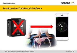 Kapsch BusinessCom
|
| Neue Strategien zur Bereitstellung des Arbeitsplatzes der Zukunft. 17
1.4.2014 Praxistage 2014
Aus physischen Produkten wird Software
X
 