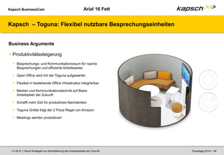 Kapsch BusinessCom
|
| Neue Strategien zur Bereitstellung des Arbeitsplatzes der Zukunft. 48
1.4.2014 Praxistage 2014
Arial 16 Fett
Kapsch – Toguna: Flexibel nutzbare Besprechungseinheiten
Business Argumente
 Produktivitätssteigerung
 Besprechungs- und Kommunikationsraum für rasche
Besprechungen und effiziente Arbeitsweise.
 Open Office wird mit der Toguna aufgewertet.
 Flexibel in bestehende Office Infrastruktur integrierbar.
 Medien und Kommunikationstechnik auf Basis
Arbeitsplatz der Zukunft
 Schafft mehr Zeit für produktives Nachdenken
 Toguna Größe folgt der 2 Pizza Regel von Amazon
 Meetings werden produktiver!
 