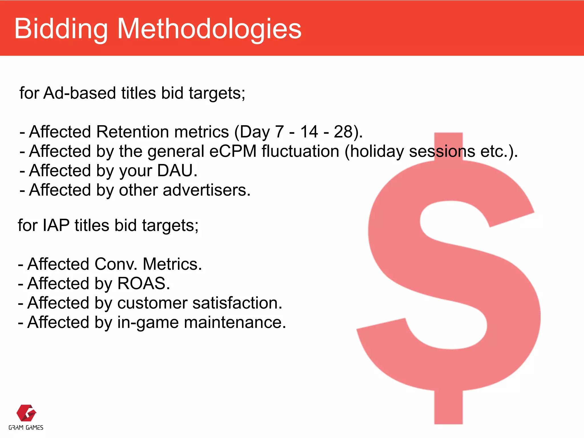 Bidding Methodologies
for Ad-based titles bid targets; 
 
- Affected Retention metrics (Day 7 - 14 - 28). 
- Affected by the general eCPM fluctuation (holiday sessions etc.). 
- Affected by your DAU. 
- Affected by other advertisers. 
for IAP titles bid targets; 
 
- Affected Conv. Metrics. 
- Affected by ROAS. 
- Affected by customer satisfaction. 
- Affected by in-game maintenance. 
 