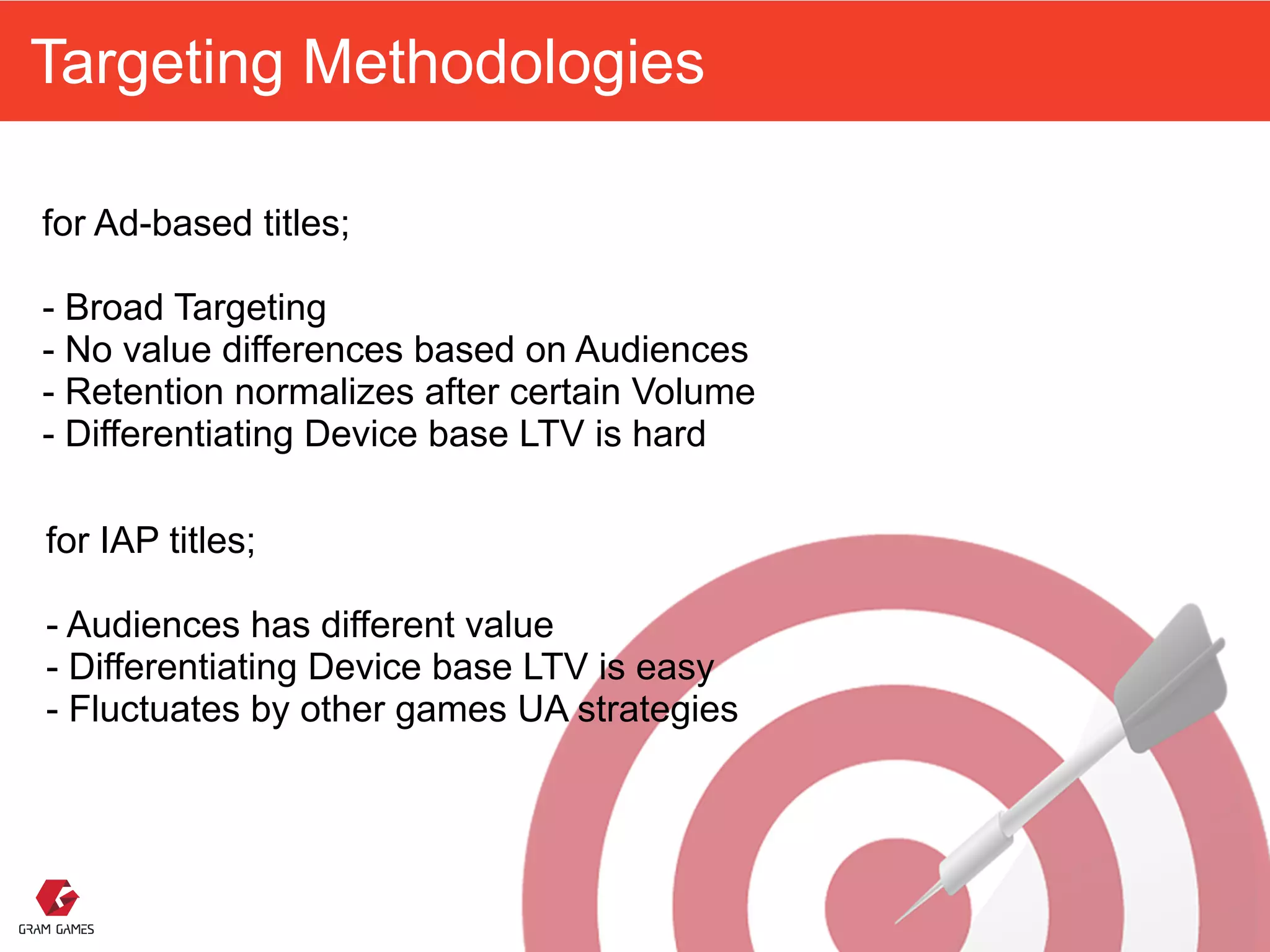 Targeting Methodologies
for Ad-based titles; 
 
- Broad Targeting 
- No value differences based on Audiences
- Retention normalizes after certain Volume
- Differentiating Device base LTV is hard
for IAP titles; 
 
- Audiences has different value 
- Differentiating Device base LTV is easy 
- Fluctuates by other games UA strategies 
 