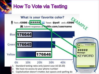 1. Standard texting rates only (worst case US $0.20)
TIPS   2. We have no access to your phone number
       3. Capitalization doesn’t matter, but spaces and spelling do
 