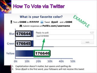 1. Capitalization doesn’t matter, but spaces and spelling do
TIPS   2. Since @poll is the first word, your followers will not receive this tweet
 