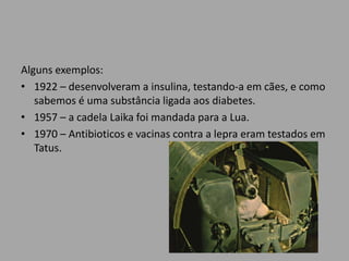 Alguns exemplos:
• 1922 – desenvolveram a insulina, testando-a em cães, e como
   sabemos é uma substância ligada aos diabetes.
• 1957 – a cadela Laika foi mandada para a Lua.
• 1970 – Antibioticos e vacinas contra a lepra eram testados em
   Tatus.
 