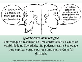 Quarta regra metodológica
uma vez que a resolução de urna controvérsia é a causa da
estabilidade na Sociedade, não podemos usar a Sociedade
para explicar como e por que uma controvérsia foi
dirimida.
LATOUR, Bruno: Ciência em ação: como seguir cientistas e engenheiros sociedade afora, 2000. P. 1-26.
 
