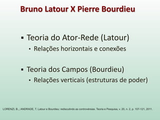  Teoria do Ator-Rede (Latour)
• Relações horizontais e conexões
 Teoria dos Campos (Bourdieu)
• Relações verticais (estruturas de poder)
Bruno Latour X Pierre Bourdieu
LORENZI, B.,; ANDRADE, T. Latour e Bourdieu: rediscutindo as controvérsias. Teoria e Pesquisa, v. 20, n. 2, p. 107-121, 2011.
 