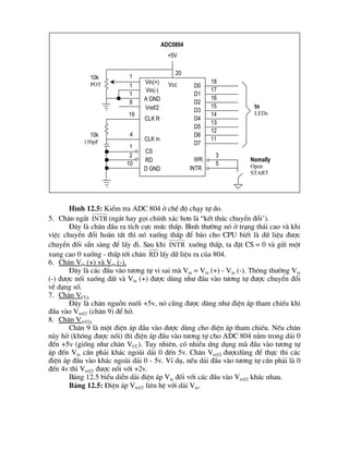 H×nh 12.5: KiÓm tra ADC 804 ë chÕ ®é ch¹y tù do.
5. Ch©n ng¾t INTR (ng¾t hay gäi chÝnh x¸c h¬n lµ “kÕt thóc chuyÓn ®æi’).
§©y lµ ch©n ®Çu ra tÝch cùc møc thÊp. B×nh th­êng nã ë tr¹ng th¸i cao vµ khi
viÖc chuyÓn ®æi hoµn tÊt th× nã xuèng thÊp ®Ó b¸o cho CPU biÕt lµ d÷ liÖu ®­îc
chuyÓn ®æi s½n sµng ®Ó lÊy ®i. Sau khi INTR xuèng thÊp, ta ®Æt CS = 0 vµ göi mét
xung cao 0 xuèng - thÊp tíi ch©n RD lÊy d÷ liÖu ra cña 804.
6. Ch©n Vin (+) vµ Vin (-).
§©y lµ c¸c ®Çu vµo t­¬ng tù vi sai mµ Vin = Vin (+) - Vin (-). Th«ng th­êng Vin
(-) ®­îc nèi xuèng ®Êt vµ Vin (+) ®­îc dïng nh­ ®Çu vµo t­¬ng tù ®­îc chuyÓn ®æi
vÒ d¹ng sè.
7. Ch©n VCC.
§©y lµ ch©n nguån nuèi +5v, nã còng ®­îc dïng nh­ ®iÖn ¸p tham chiÕu khi
®Çu vµo Vref/2 (ch©n 9) ®Ó hë.
8. Ch©n Vref/2.
Ch©n 9 lµ mét ®iÖn ¸p ®Çu vµo ®­îc dïng cho ®iÖn ¸p tham chiÕu. NÕu ch©n
nµy hë (kh«ng ®­îc nèi) th× ®iÖn ¸p ®Çu vµo t­¬ng tù cho ADC 804 n»m trong d¶i 0
®Õn +5v (gièng nh­ ch©n VCC). Tuy nhiªn, cã nhiÒu øng dông mµ ®Çu vµo t­¬ng tù
¸p ®Õn Vin cÇn ph¶i kh¸c ngoµi d¶i 0 ®Õn 5v. Ch©n Vref/2 ®­îcdïng ®Ó thùc thi c¸c
®iÖn ¸p ®Çu vµo kh¸c ngoµi d¶i 0 - 5v. VÝ dô, nÕu d¶i ®Çu vµo t­¬ng tù cÇn ph¶i lµ 0
®Õn 4v th× Vref/2 ®­îc nèi víi +2v.
B¶ng 12.5 biÓu diÔn d¶i ®iÖn ¸p Vin ®èi víi c¸c ®Çu vµo Vref/2 kh¸c nhau.
B¶ng 12.5: §iÖn ¸p Vref/2 liªn hÖ víi d¶i Vin.
ADC0804
+5V
1
1
1
4
1
2
10
9
19
10k
150pF 11
12
13
14
15
16
17
18
3
5
to
LEDs
Nomally
Open
START
D0
D1
D2
D3
D4
D5
D6
D7
WR
INTRD GND
RD
CS
CLK in
CLK R
A GND
Vref/2
Vin(-)
Vin(+)
20
Vcc
10k
POT
 