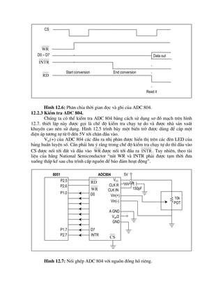 H×nh 12.6: Ph©n chia thêi gian ®äc vµ ghi cña ADC 804.
12.2.3 KiÓm tra ADC 804.
Chóng ta cã thÓ kiÓm tra ADC 804 b»ng c¸ch sö dông s¬ ®å m¹ch trªn h×nh
12.7. thiÕt lËp nµy ®­îc gäi lµ chÕ ®é kiÓm tra ch¹y tù do vµ ®­îc nhµ s¶n xuÊt
khuyÕn cao nªn sö dông. H×nh 12.5 tr×nh bµy mét biÕn trë ®­îc dïng ®Ó c¾p mét
®iÖn ¸p t­¬ng tù tõ 0 ®Õn 5V tíi ch©n ®Çu vµo.
Vin(+) cña ADC 804 c¸c ®Çu ra nhÞ ph©n ®­îc hiÓn thÞ trªn c¸c ®Ìn LED cña
b¶ng huÊn luyÖn sè. CÇn ph¶i l­u ý r»ng trong chÕ ®é kiÓm tra ch¹y tù do th× ®Çu vµo
CS ®­îc nèi tíi ®Êt vµ ®Çu vµo WR ®­îc nèi tíi ®Çu ra INTR . Tuy nhiªn, theo tµi
liÖu cña h·ng National Semiconductor “nót WR vµ INTR ph¶i ®­îc t¹m thêi ®­a
xuèng thÊp kÕ sau chu tr×nh cÊp nguån ®Ó b¶o ®¶m ho¹t ®éng”.
H×nh 12.7: Nèi ghÐp ADC 804 víi nguån ®ång hå riªng.
CS
D0 – D7 Data out
Read it
End conversionStart conversion
WR
INTR
RD
8051 ADC804
P2.5
P2.6
P1.0
P1.7
P2.7
D0
D7
INTR
GND
A GND
Vref/2
CLK IN
CLK R
VCC
Vin(+)
Vin(-)
150pF
5V
10k
10k
POT
RD
WR
CS
 