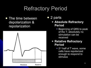 Refractory Period The time between depolarization & repolarization 2 parts Absolute Refractory Period Beginning of QRS to peak of the T; absolutely no stimulation can be received Relative Refractory Period 2 nd  half of T wave, some cells have repolarized enough to respond to stimulus 
