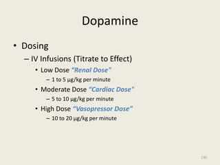 Dopamine
• Dosing
– IV Infusions (Titrate to Effect)
• Low Dose “Renal Dose"
– 1 to 5 µg/kg per minute
• Moderate Dose “Cardiac Dose"
– 5 to 10 µg/kg per minute
• High Dose “Vasopressor Dose"
– 10 to 20 µg/kg per minute
230
 