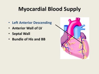 Myocardial Blood Supply
• Left Anterior Descending
• Anterior Wall of LV
• Septal Wall
• Bundle of His and BB
 